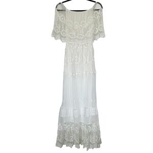 NO BRAND Women’s Elegant White Maxi Dress Intricate Lace Delicate Off-Shoulder S